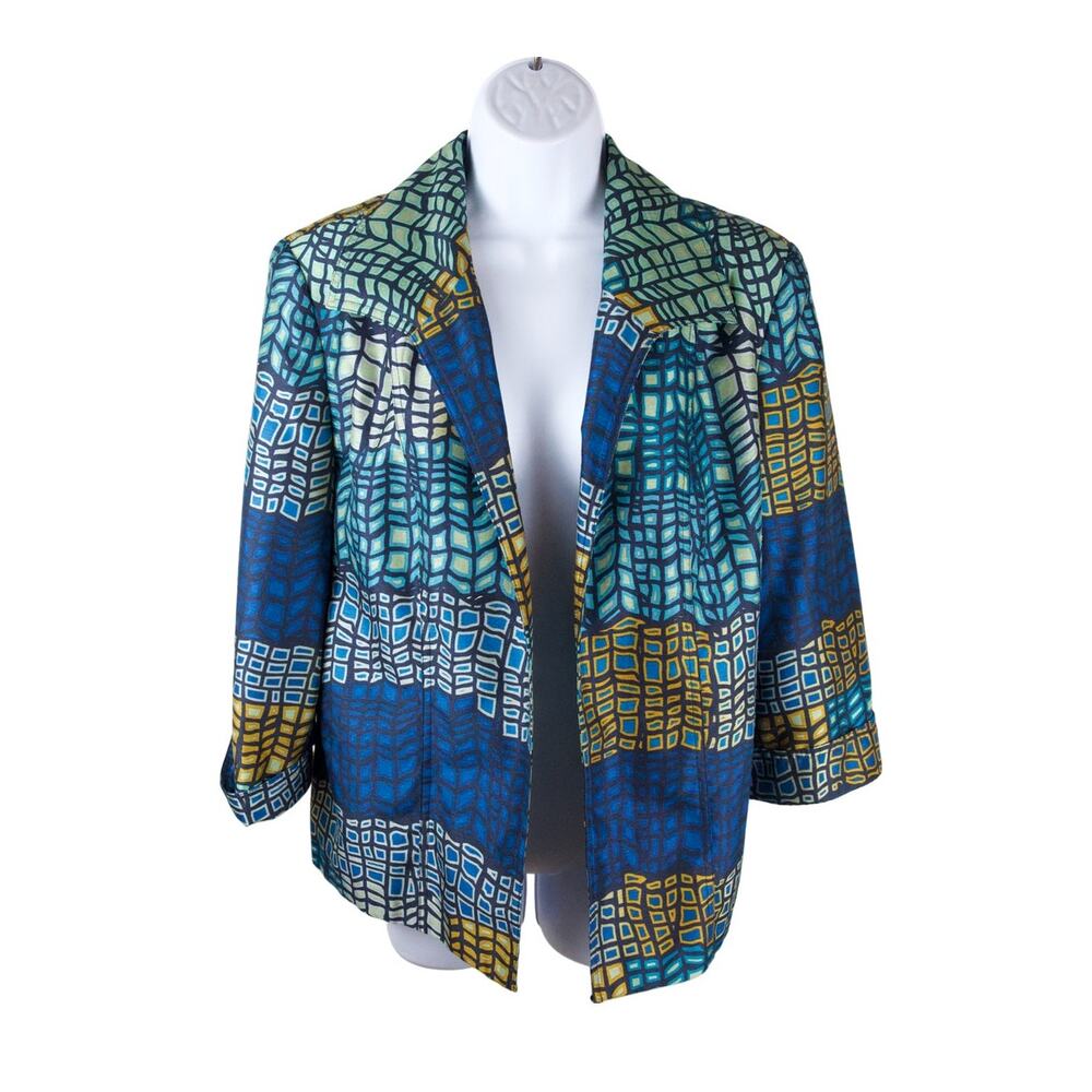 Investments Geometric Print Open Front Jacket Blue Green Size 12